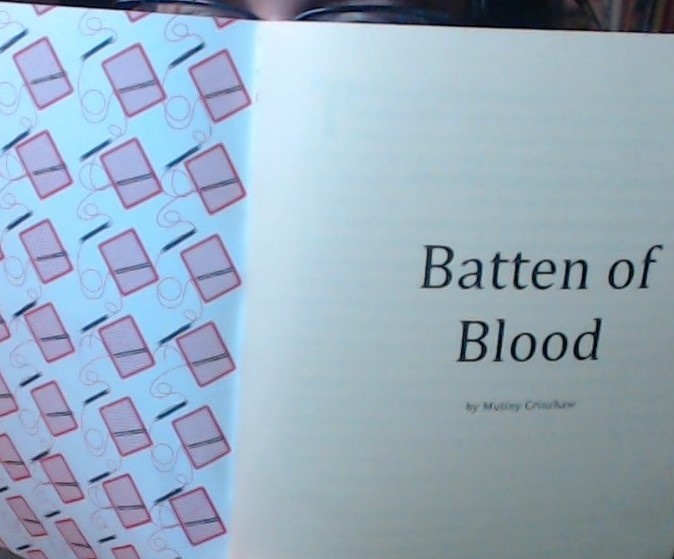 an open spread of “Batten of Blood” title page. On the left are looms with a weave, on the right, the title and author name. Above, an editor’s glasses peek over the top.