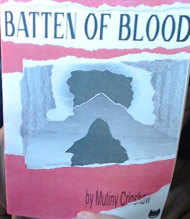The cover of Batten of Blood, showing an illustration of a shadowing figure heading into the mouth of a cave.