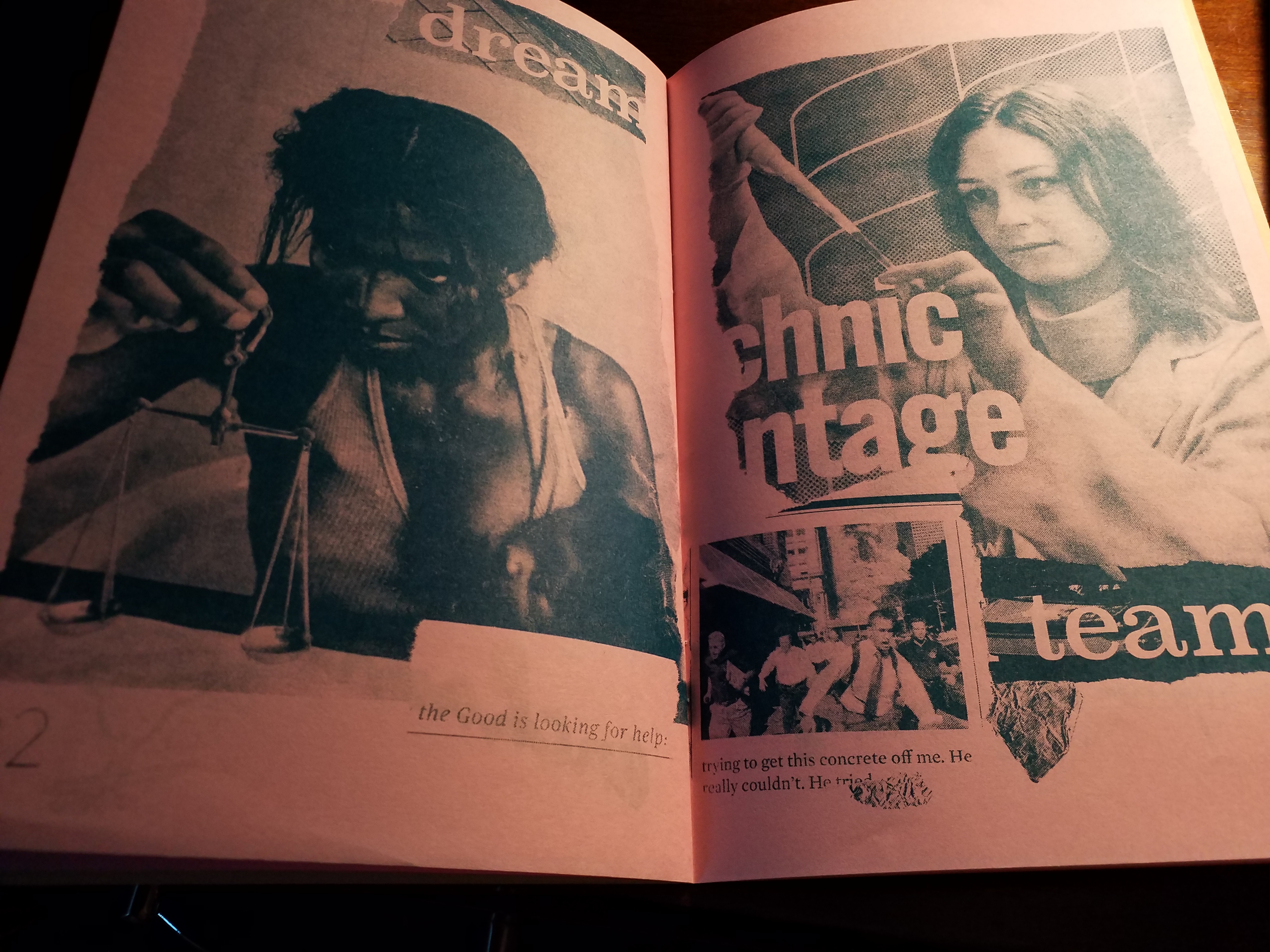 an interior zine spread. left, a dark-skinned woman with a focused expression measures something on a small scale. right, a light-skinned woman puts something in a pippette. The titles read “dream team.” A small graphic in the lower right shows people running and screaming.
