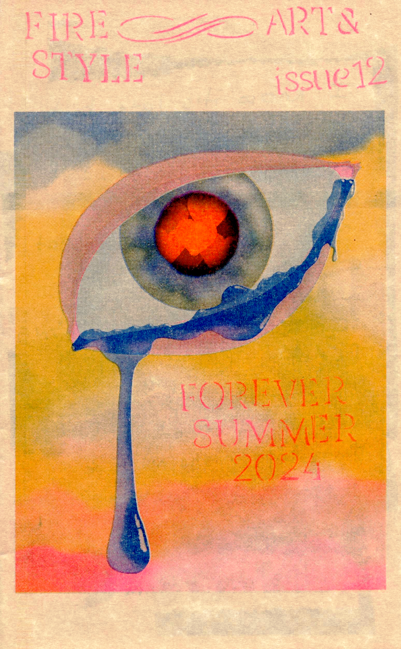 The cover art to Fire Art And Style, Summer 2024, featuring a crying eye against a bright blue sky with the caption ENDLESS SUMMER.