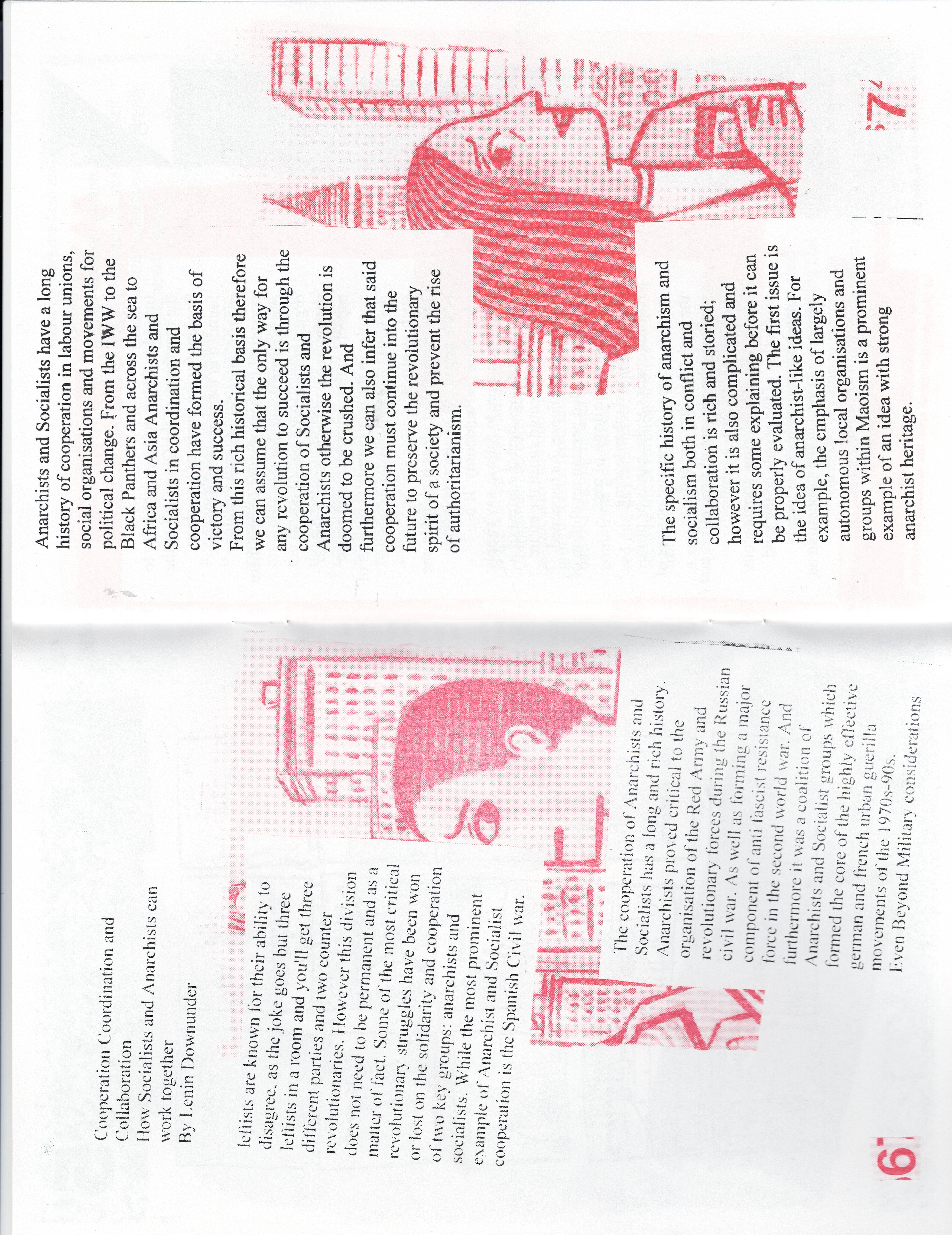a spread from a zine, mainly an article entitled “Cooperation, Coordination, and Collaboration: How Socialists and Anarchists can work together.” Aside from the text discussing historical collaborations are two pictures of people holding coffees, looking at one another warily from the corners of their eyes.